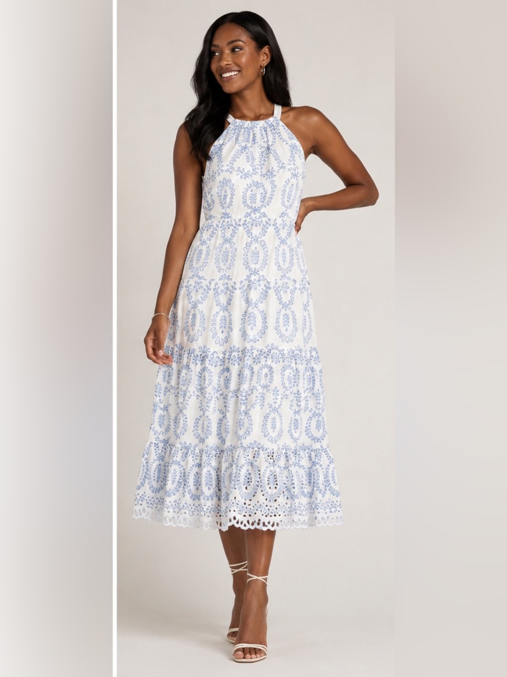 Chelsea28 White Midi Dress with Light Blue Embroidery NWOT - Medium